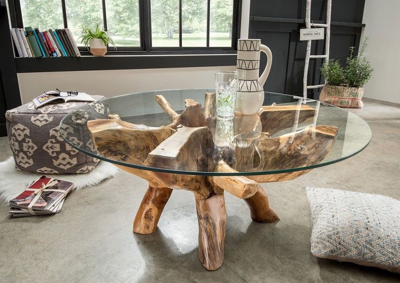 Table Basse Ronde – Racine Naturelle & Plateau en Verre
