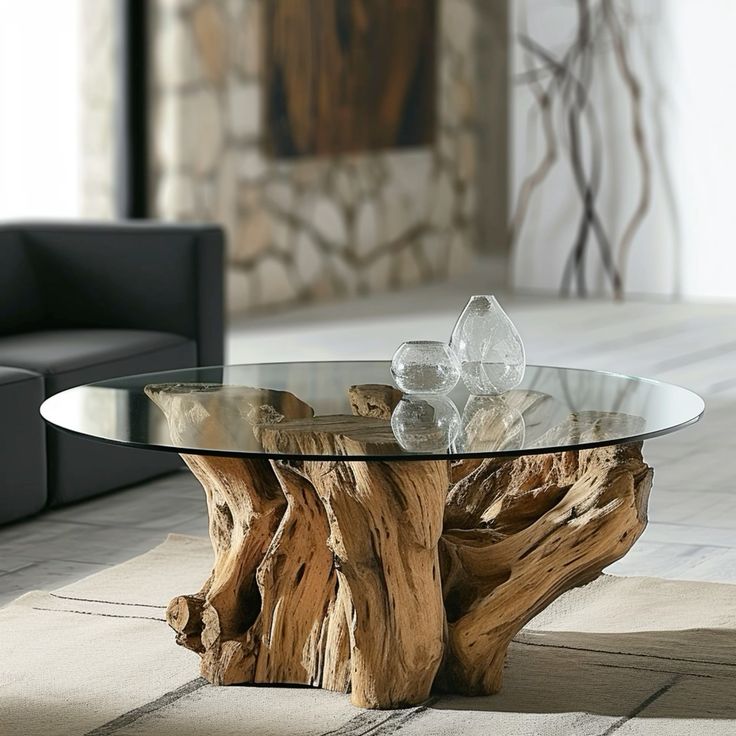 Table Basse Ronde – Racine Naturelle & Plateau en Verre
