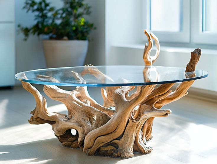Table Basse Ronde – Racine Naturelle & Plateau en Verre