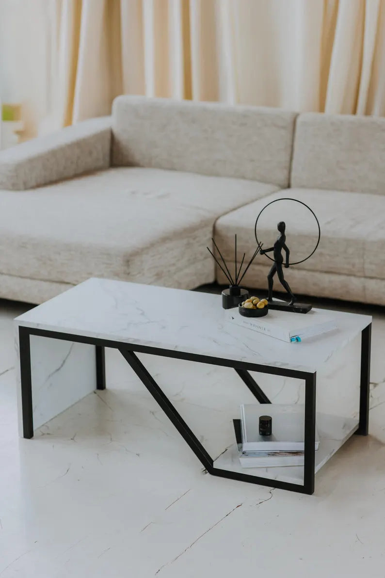Table Basse avec Étagère – Structure Métal Noir