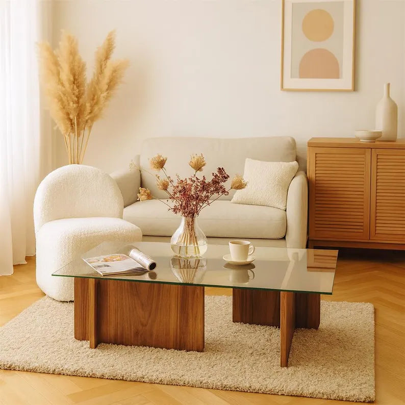 Table Basse – Verre Trempé & Bois Naturel Foncé