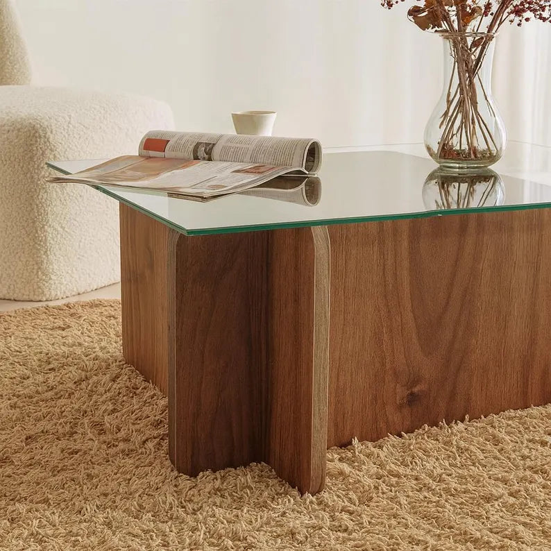 Table Basse – Verre Trempé & Bois Naturel Foncé
