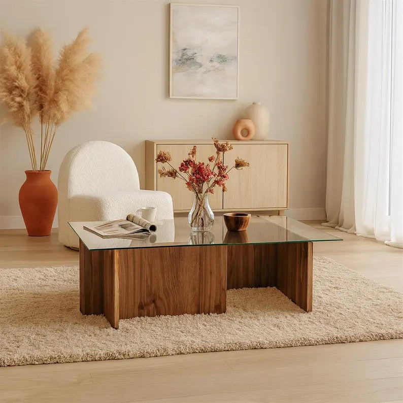 Table Basse – Verre Trempé & Bois Naturel Foncé