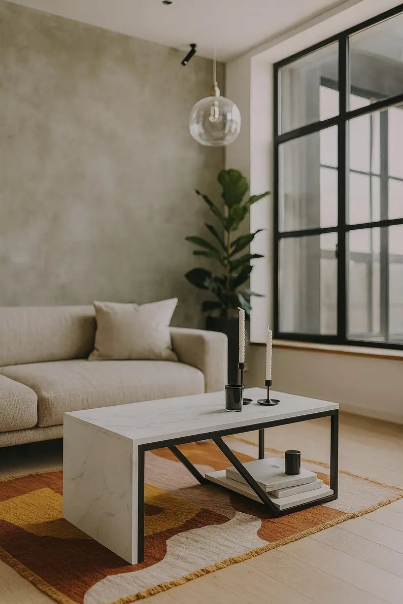 Table Basse avec Étagère – Structure Métal Noir