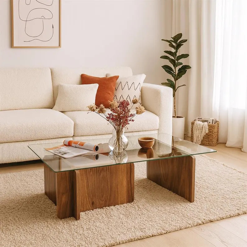 Table Basse – Verre Trempé & Bois Naturel Foncé