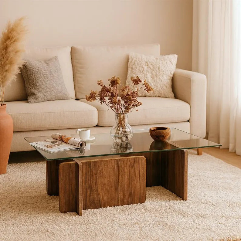 Table Basse – Verre Trempé & Bois Naturel Foncé