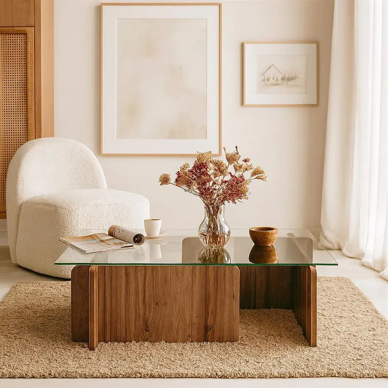 Table Basse – Verre Trempé & Bois Naturel Foncé