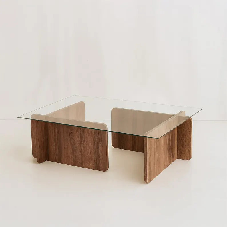 Table Basse – Verre Trempé & Bois Naturel Foncé